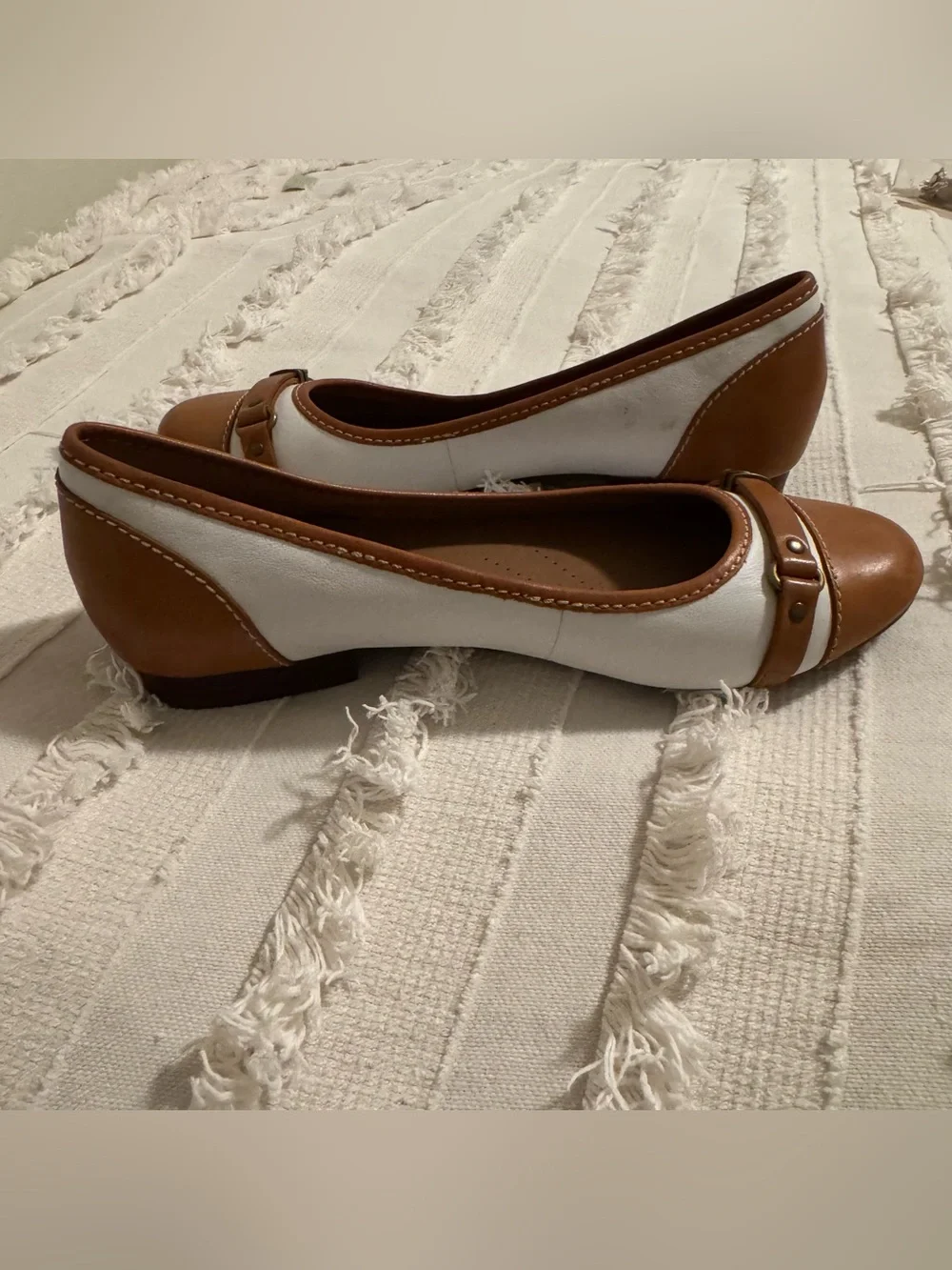 Clarks Two-Tone Brown and White Leather Ballet Flats
